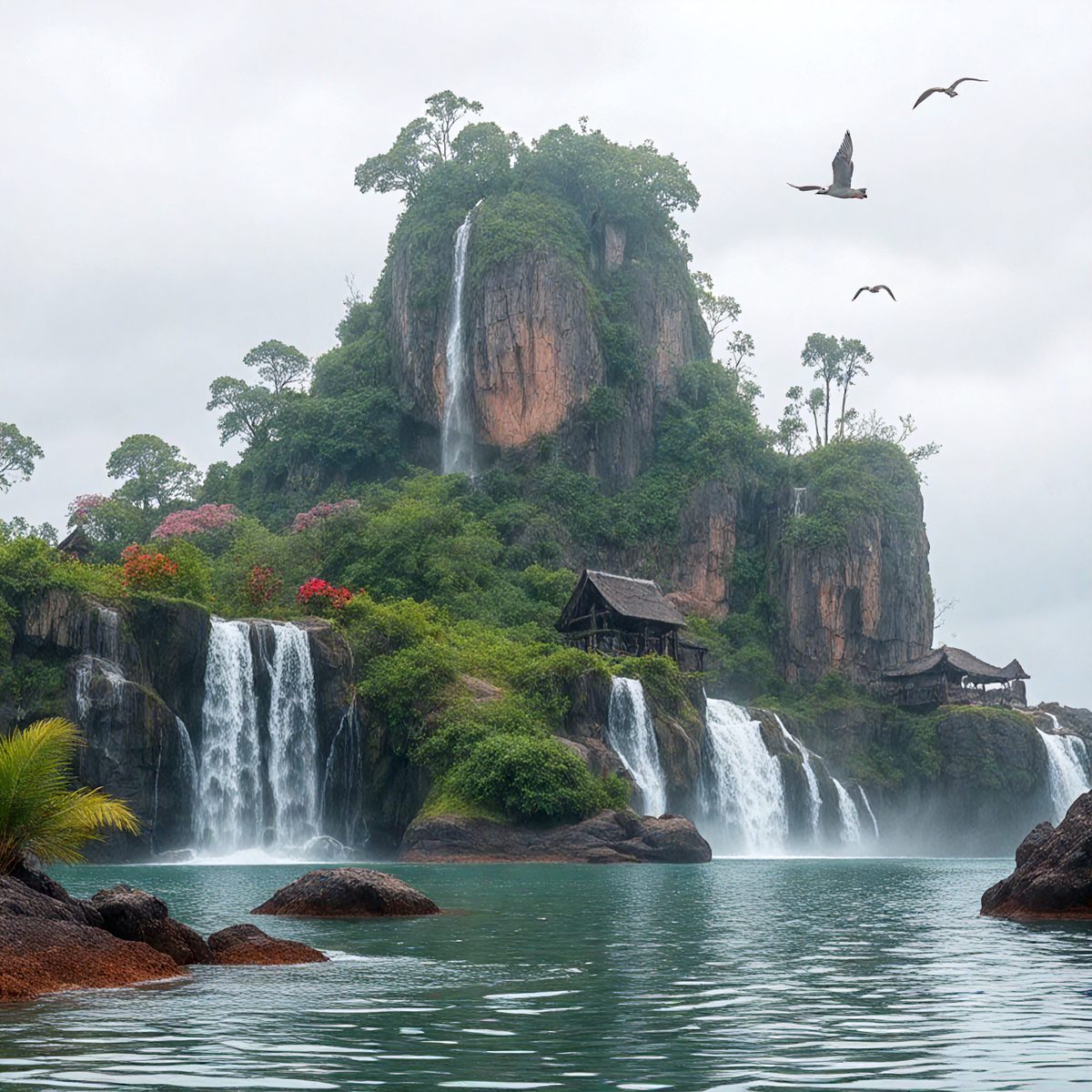 The primary subject of the image is a beautiful waterfall surrounded by lush greenery. The waterfall is located on a hillside, and the surrounding landscape features a lake and a forest. The visual style of the image is a photo, capturing the natural beauty of the waterfall and its surroundings. The colors and mood of the image are vibrant and serene, with the waterfall serving as a focal point in the scene.